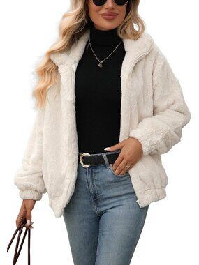 Women's Faux Fur Fall Winter Warm Fleece Jackets Full Zip Sherpa Jacket White